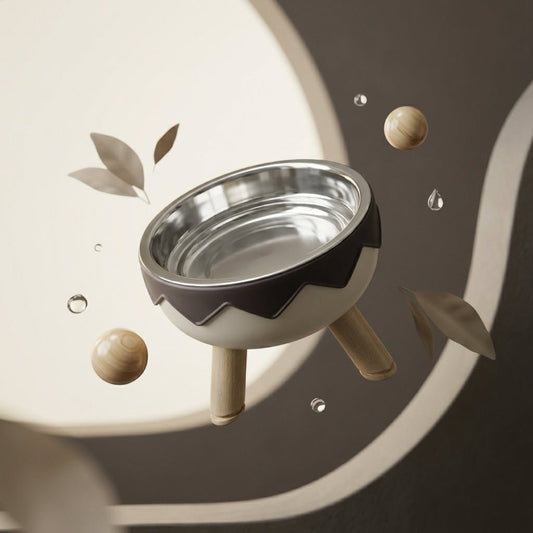 Elevated Dog Bowl with Wooden Legs | Raised Stainless Steel Pet Feeder with Zigzag Design – Grey & White - Tailsetter
