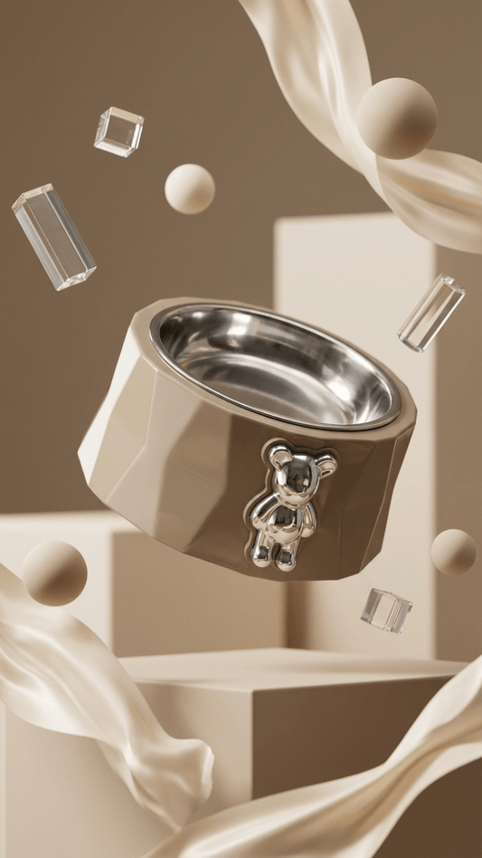 Teddy Bear Pet Bowl - Premium Stainless Steel with Designer Chrome Emblem - Tailsetter