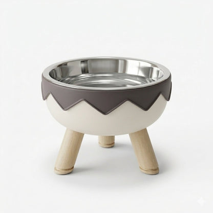 Elevated Dog Bowl with Wooden Legs | Raised Stainless Steel Pet Feeder with Zigzag Design – Grey & White - Tailsetter