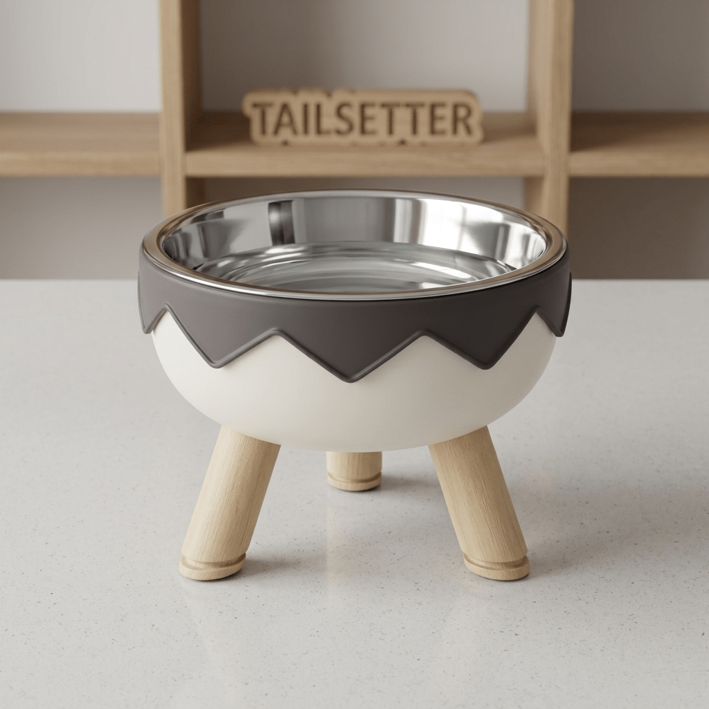 Elevated Dog Bowl with Wooden Legs | Raised Stainless Steel Pet Feeder with Zigzag Design – Grey & White - Tailsetter