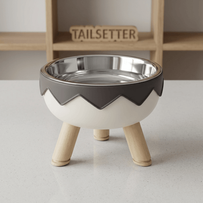Elevated Dog Bowl with Wooden Legs | Raised Stainless Steel Pet Feeder with Zigzag Design – Grey & White - Tailsetter