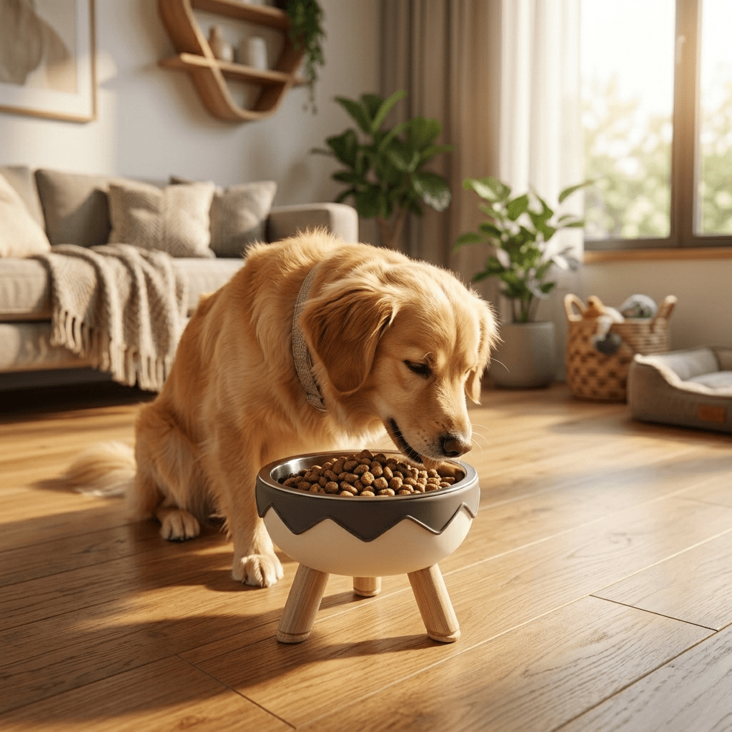 Elevated Dog Bowl with Wooden Legs | Raised Stainless Steel Pet Feeder with Zigzag Design – Grey & White - Tailsetter