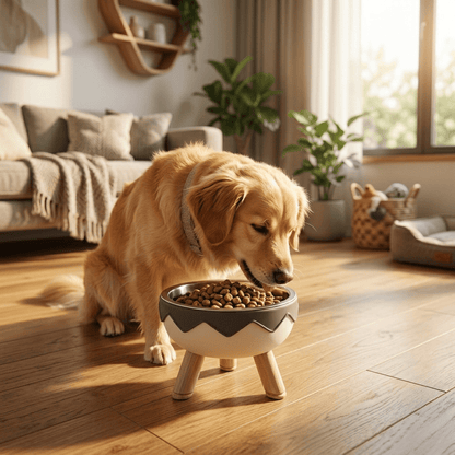 Elevated Dog Bowl with Wooden Legs | Raised Stainless Steel Pet Feeder with Zigzag Design – Grey & White - Tailsetter