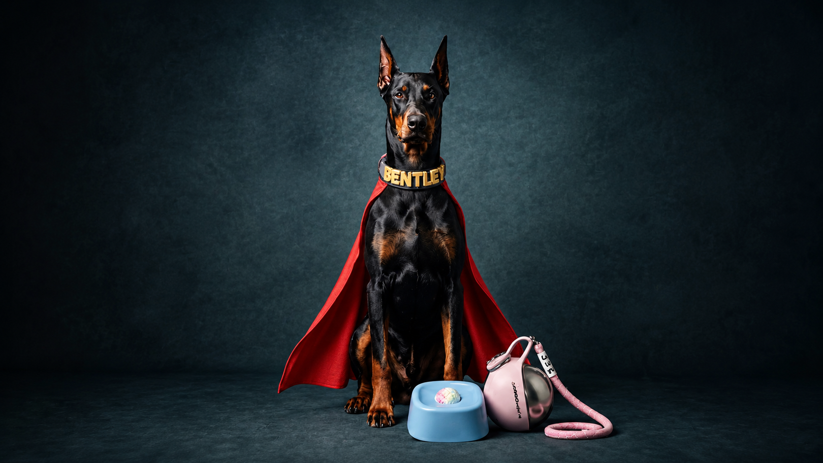 Dog wearing a red cape with a blue bowl and pink leash on a dark background
