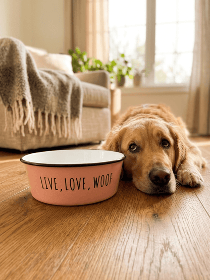Live Love Woof Enamel Dog Bowl — Terracotta - Tailsetter