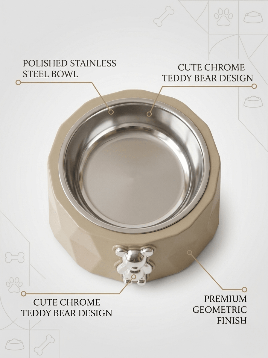 Teddy Bear Pet Bowl - Premium Stainless Steel with Designer Chrome Emblem - Tailsetter