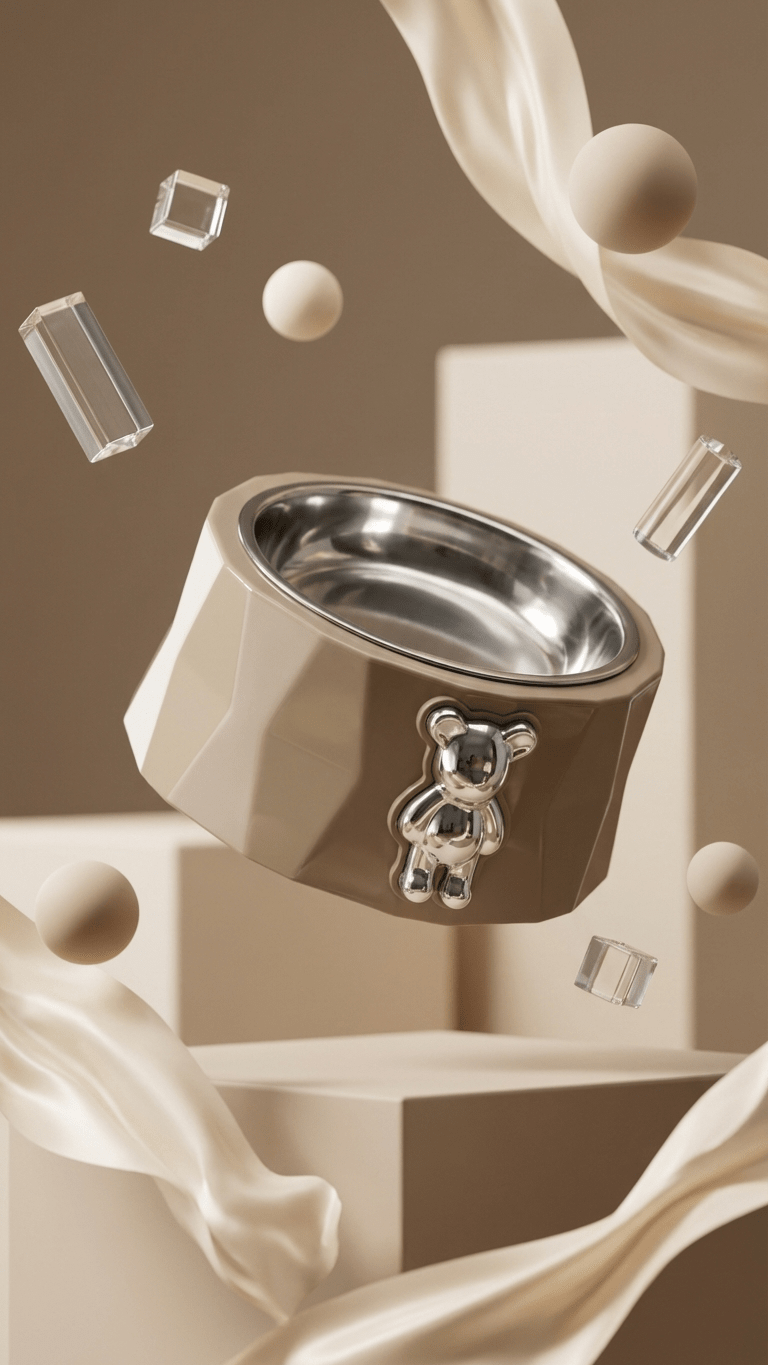 Teddy Bear Pet Bowl - Premium Stainless Steel with Designer Chrome Emblem - Tailsetter