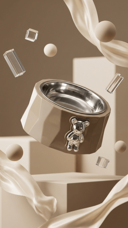 Teddy Bear Pet Bowl - Premium Stainless Steel with Designer Chrome Emblem - Tailsetter