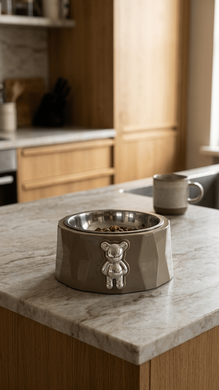 Teddy Bear Pet Bowl - Premium Stainless Steel with Designer Chrome Emblem - Tailsetter