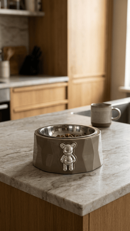 Teddy Bear Pet Bowl - Premium Stainless Steel with Designer Chrome Emblem - Tailsetter