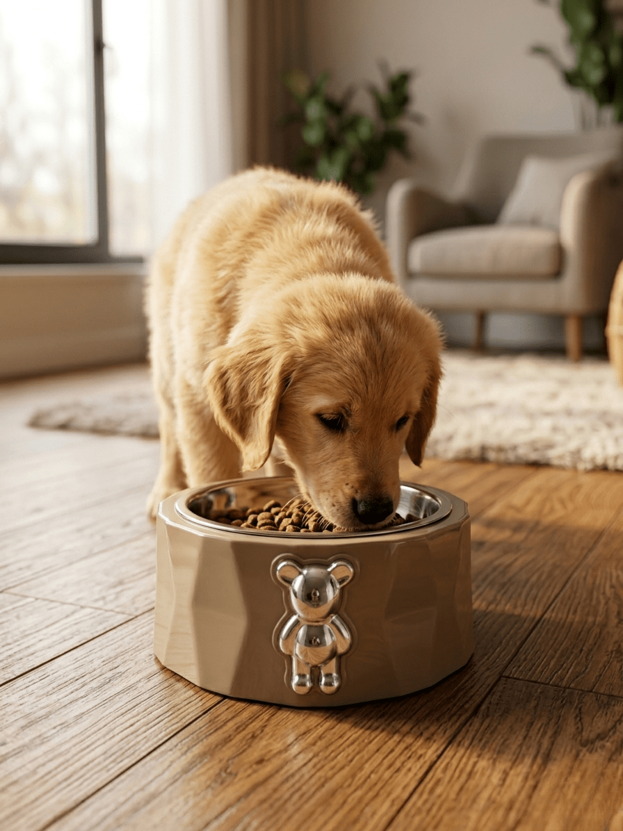 Teddy Bear Pet Bowl - Premium Stainless Steel with Designer Chrome Emblem - Tailsetter