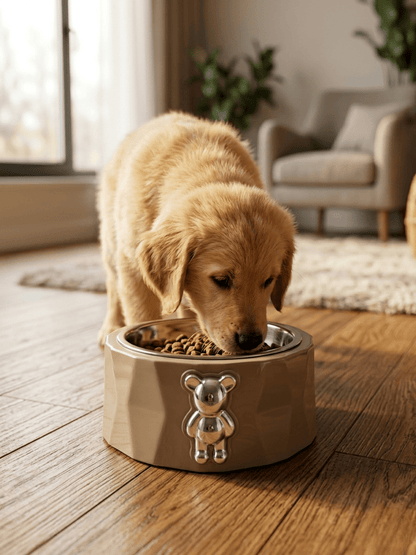 Teddy Bear Pet Bowl - Premium Stainless Steel with Designer Chrome Emblem - Tailsetter