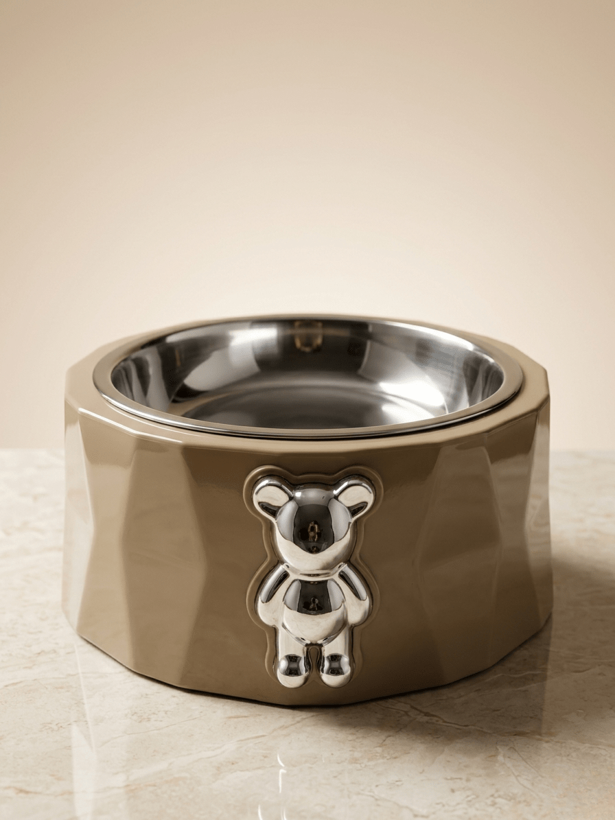 Teddy Bear Pet Bowl - Premium Stainless Steel with Designer Chrome Emblem - Tailsetter