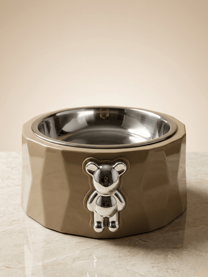 Teddy Bear Pet Bowl - Premium Stainless Steel with Designer Chrome Emblem - Tailsetter