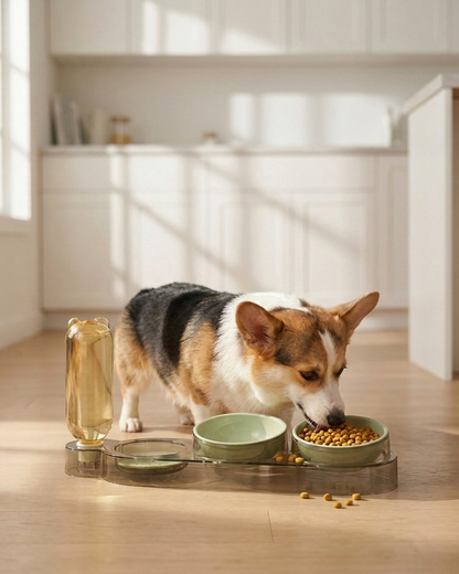 TailSetter Haven 3-in-1 Feeder – Full station overview showing food bowl, water tray and bottle in one unit