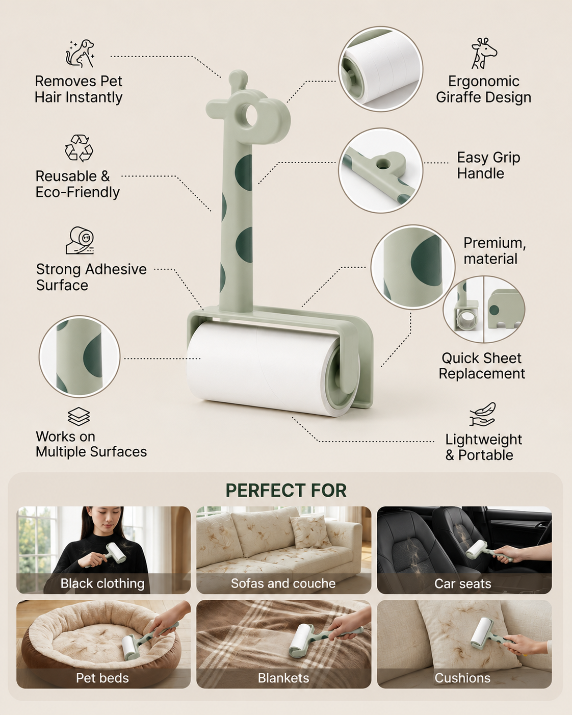TailSetter Sweep Lint Roller – Adhesive roller removing pet hair from sofa cushion with dog in background