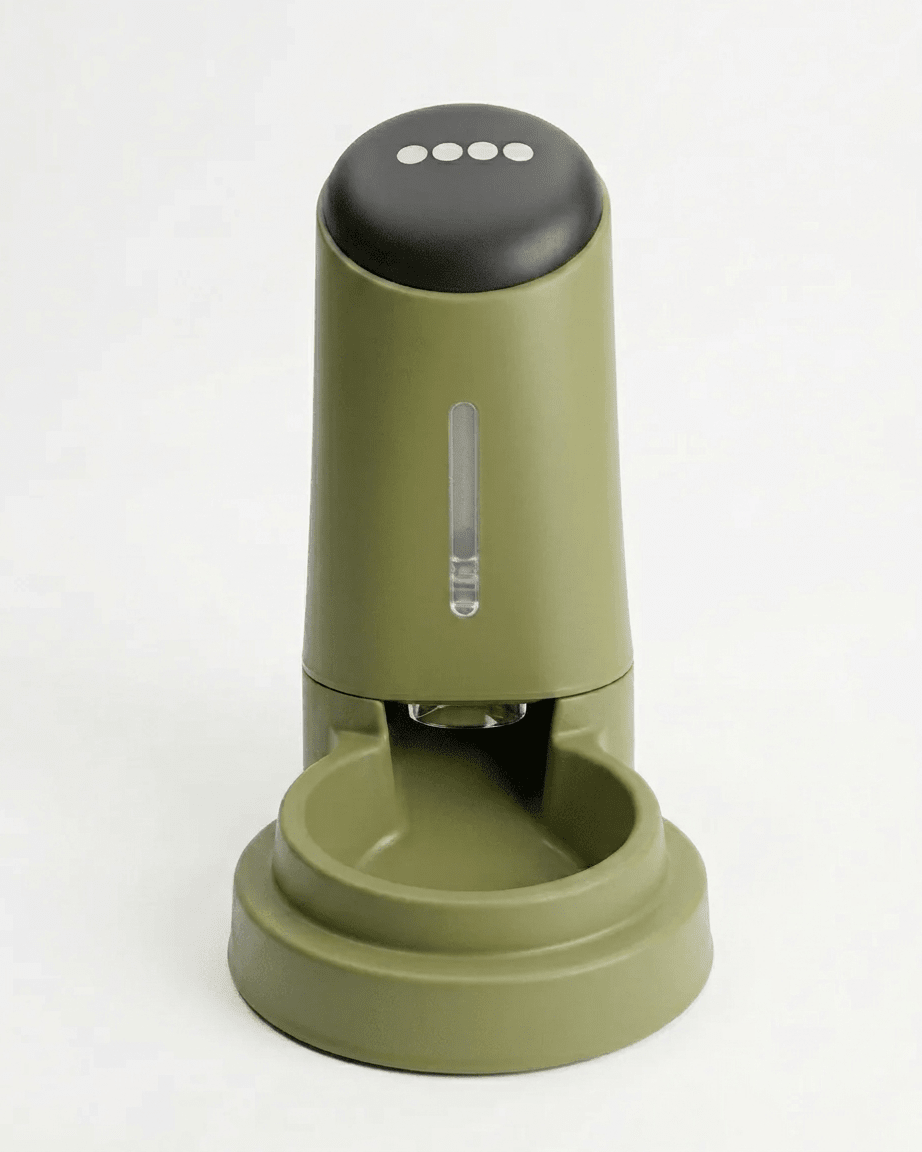 Gravity Food Dispenser by TailSetter — olive green dispenser, full product shot