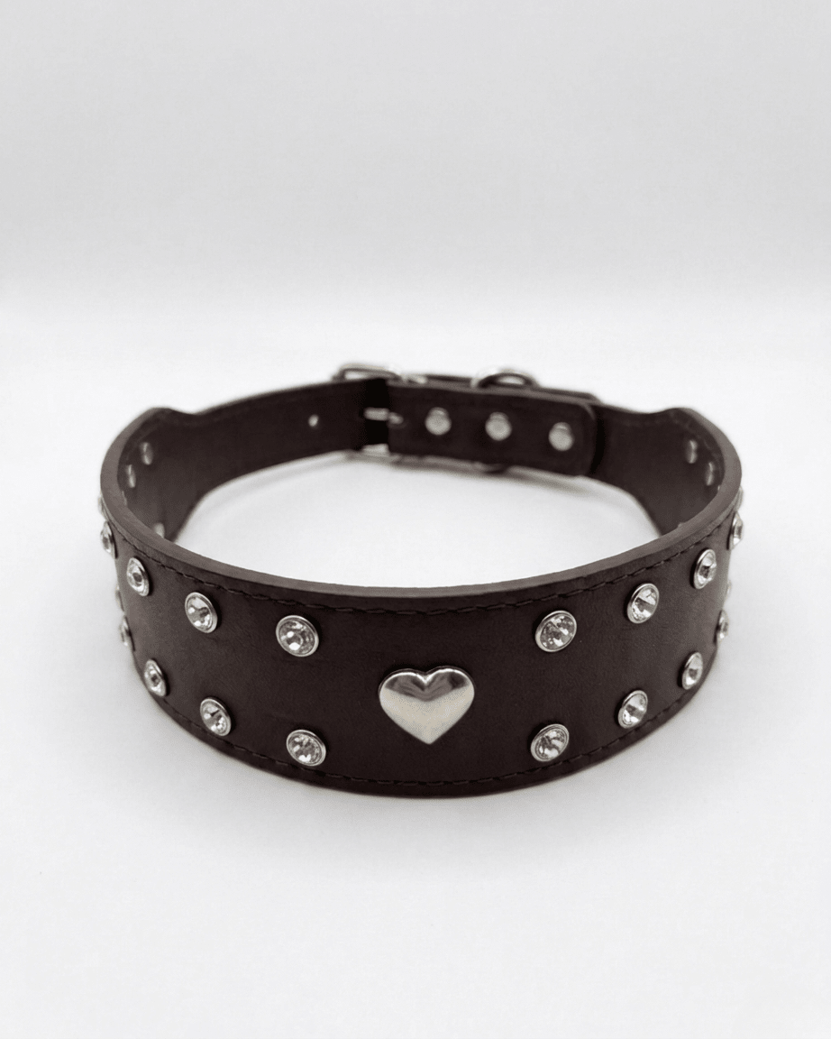 Studded Leather Dog Collar | Crystal & Heart Embellished Premium Collar - TailSetter - Tailsetter