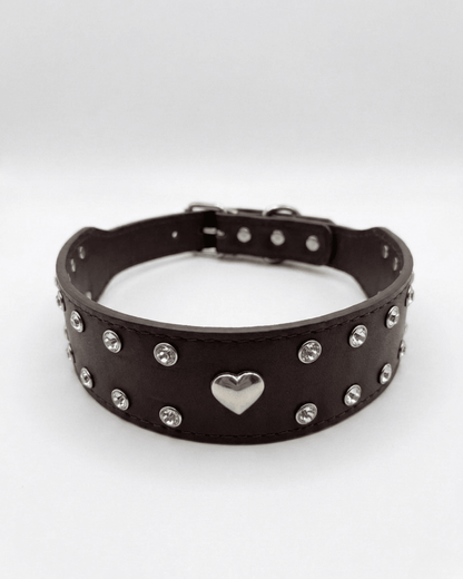 Studded Leather Dog Collar | Crystal & Heart Embellished Premium Collar - TailSetter - Tailsetter