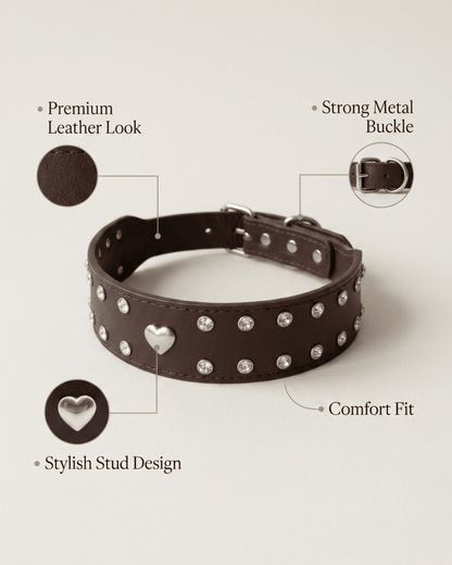 Studded Leather Dog Collar | Crystal & Heart Embellished Premium Collar - TailSetter - Tailsetter