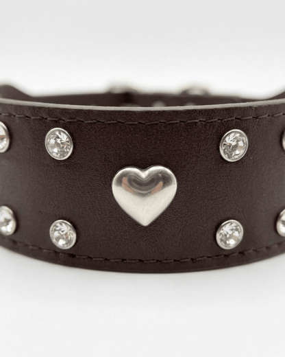 Studded Leather Dog Collar | Crystal & Heart Embellished Premium Collar - TailSetter - Tailsetter