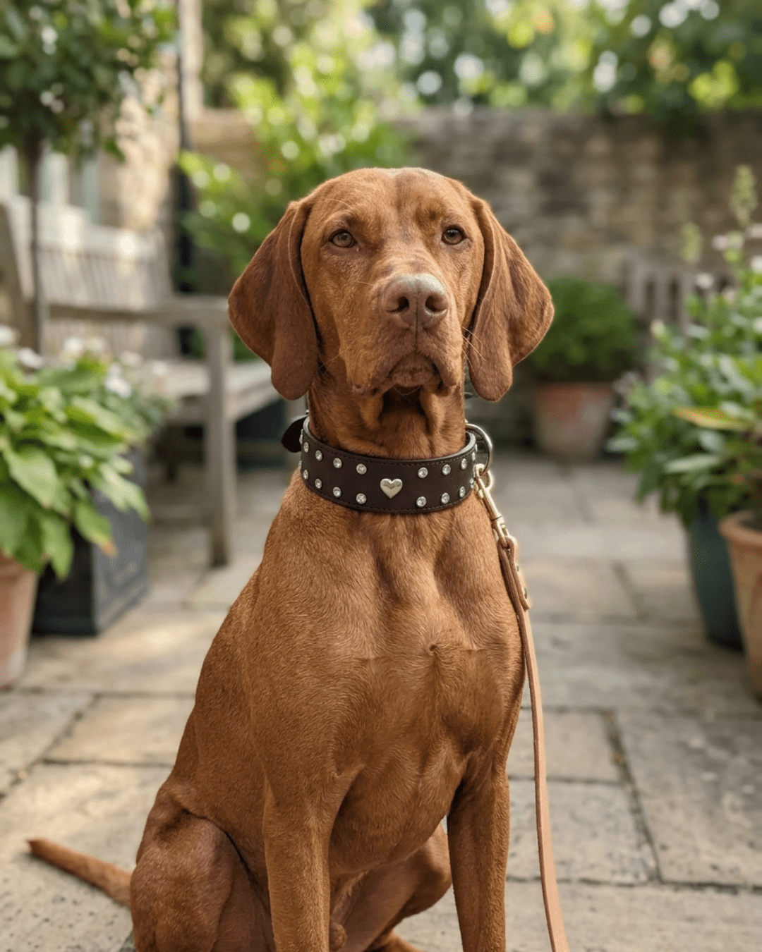 Studded Leather Dog Collar | Crystal & Heart Embellished Premium Collar - TailSetter - Tailsetter