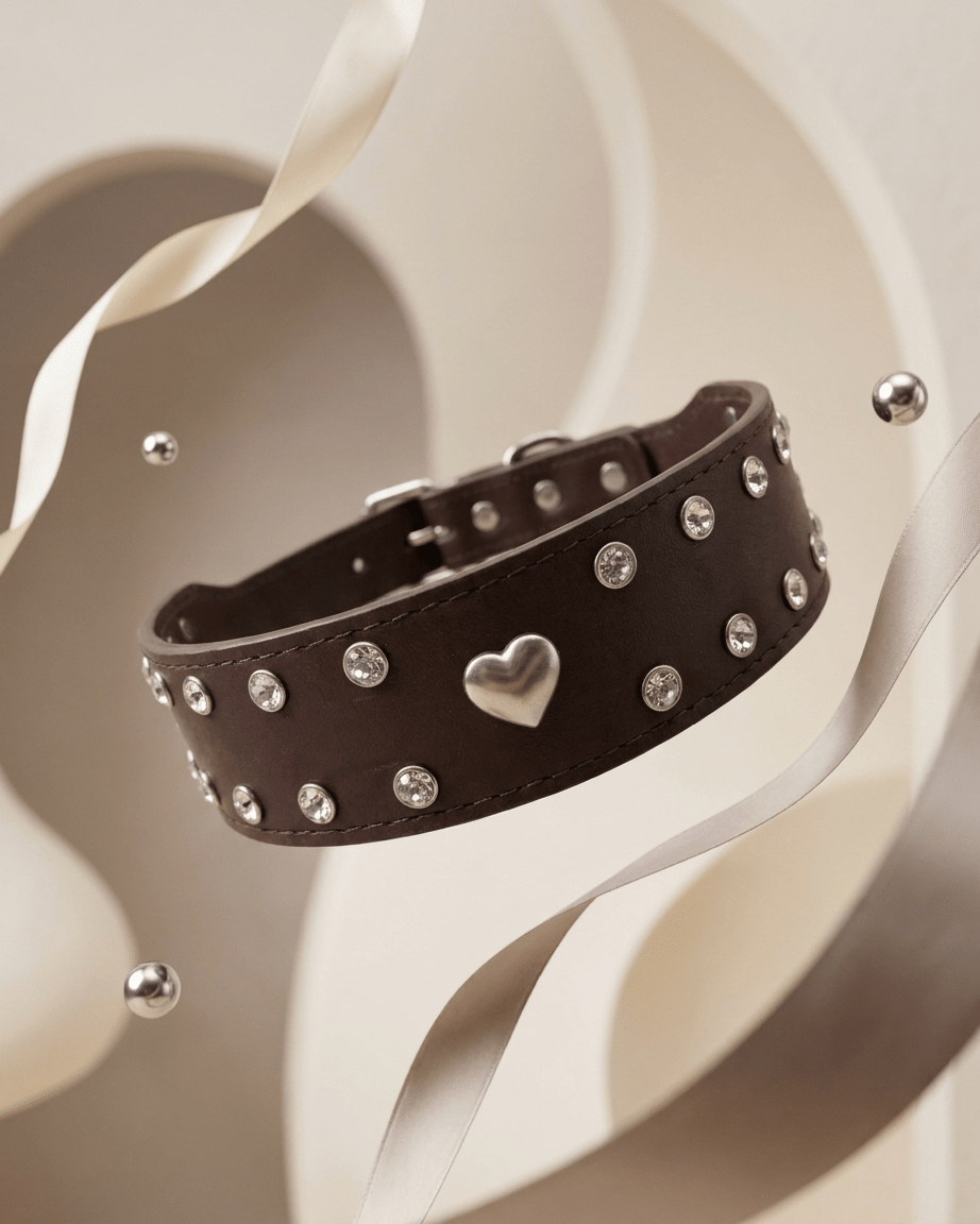 Studded Leather Dog Collar | Crystal & Heart Embellished Premium Collar - TailSetter - Tailsetter