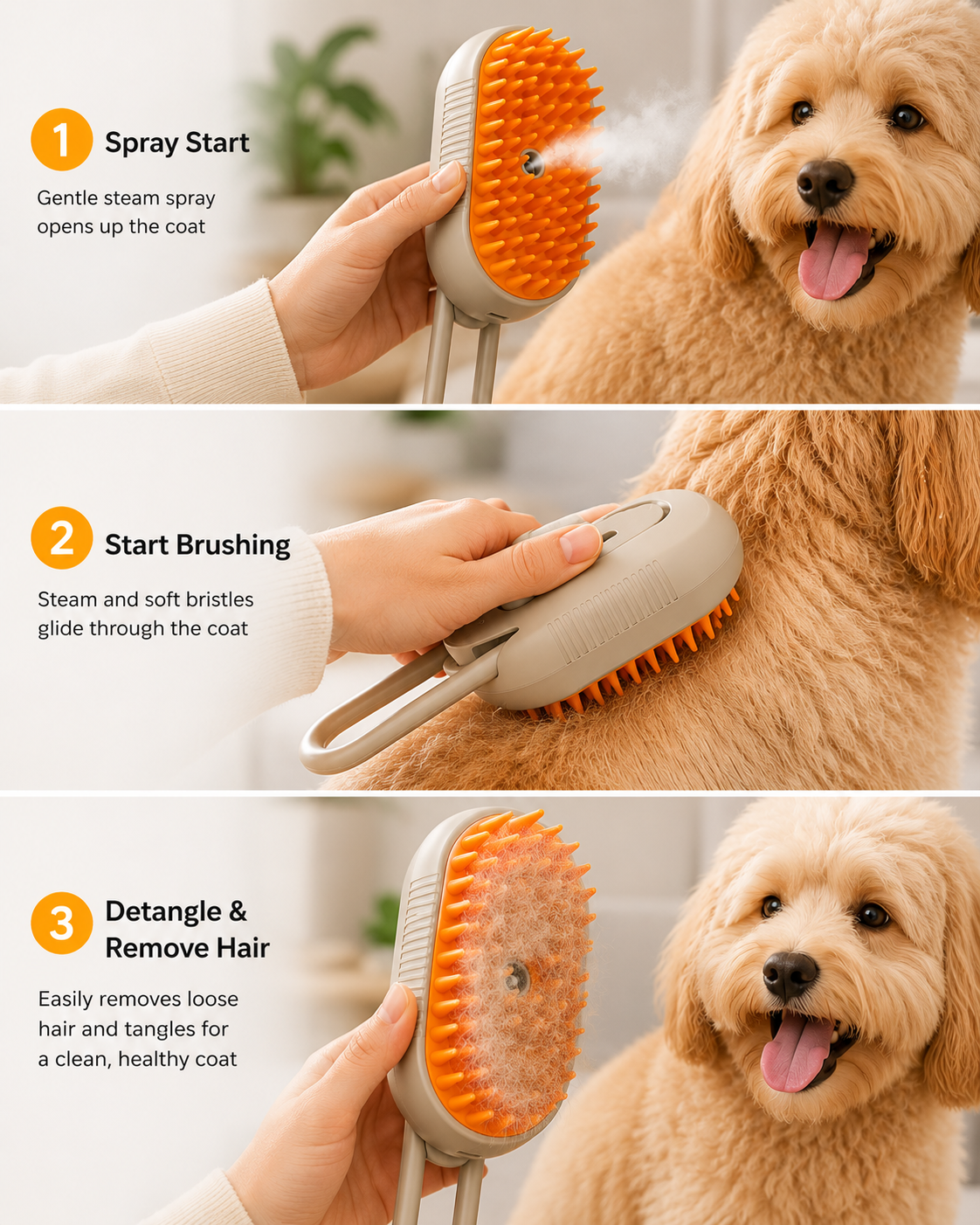 TailSetter Vapor 3-in-1 Grooming Brush – Fine mist spray detail from nozzle shown mid-groom
