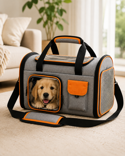 TailSetter Voyage Travel Carrier – Padded shoulder strap and side carry handle shown on neutral background